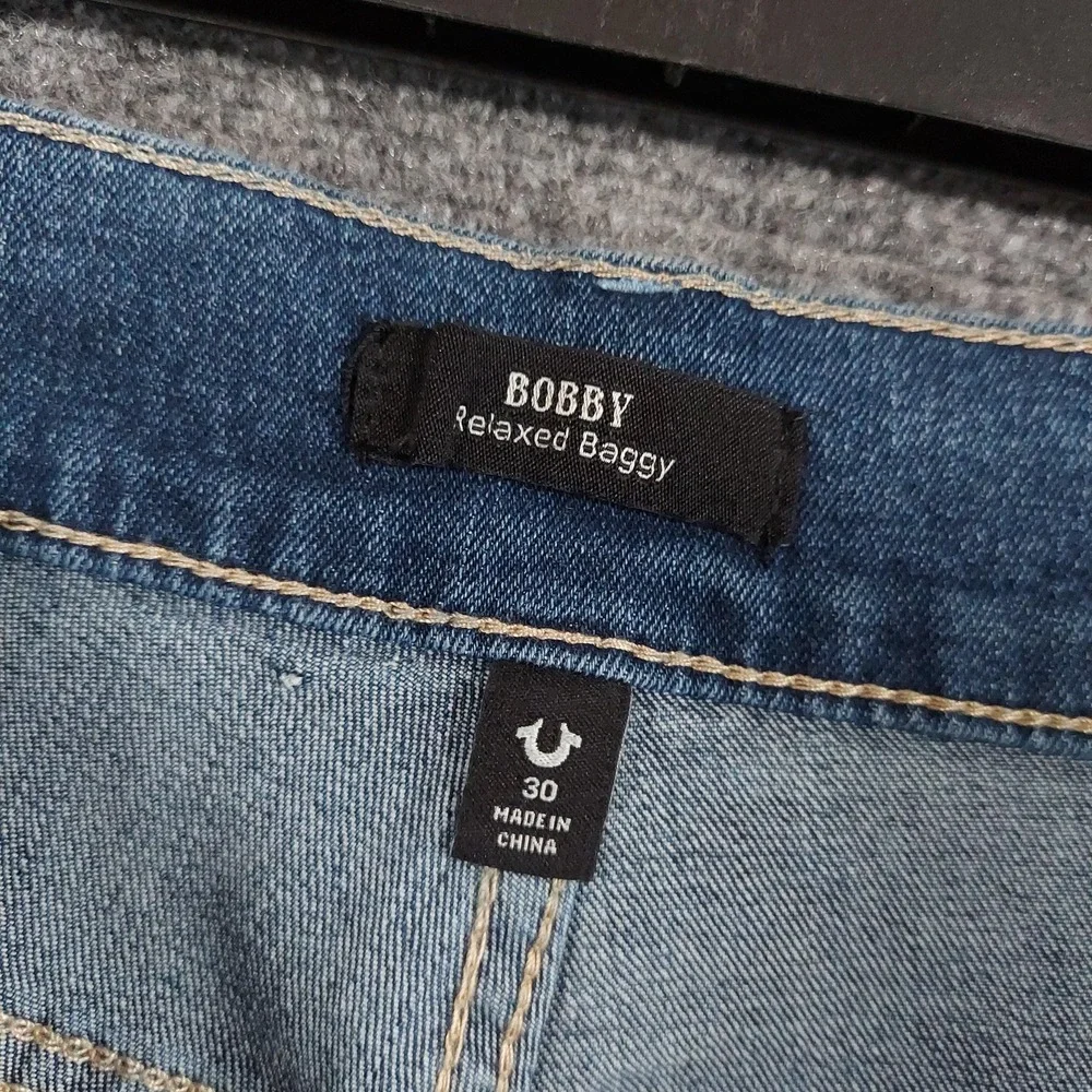 True Religion Bobby Relaxed Baggy Jeans Mens 30x30 Medium Blue TR Applique Y2K